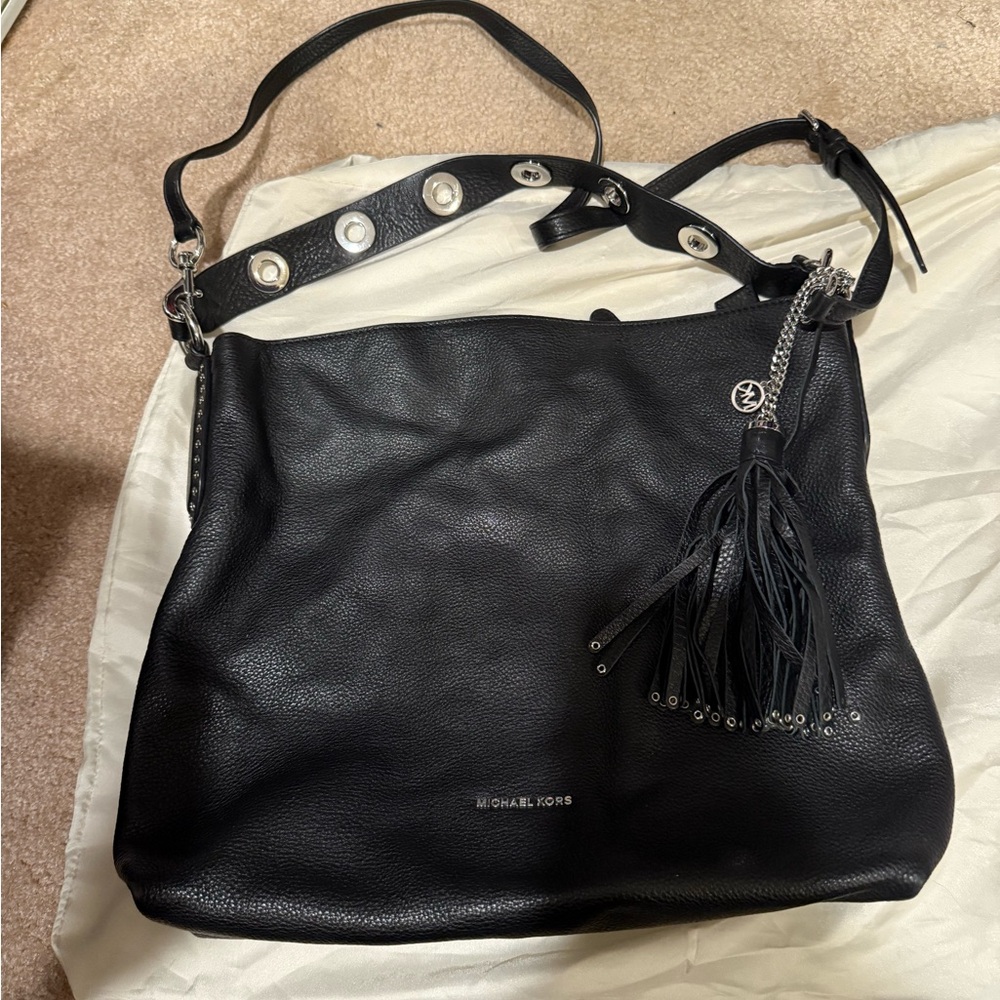 Michael Kors Black Leather Shoulder Bag with Tassel
